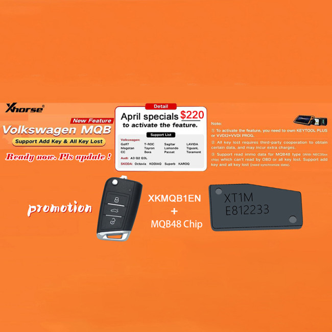 Xhorse VAG MQB Add Key and All Keys Lost License for VVDI Key Tool Plus, VVDI2 +VVDI Prog with 1pc XKMQB1EN+1pc MQB 48 chip