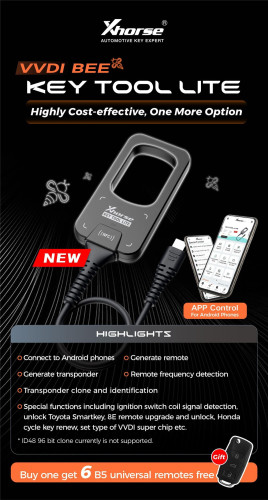 Xhorse VVDI Xhorse  Bee Key Tool Lite and Gift 6pcs XKB501EN Wired Remotes,without battery ,Connect to Android phones,ID48 96bit clone currently is not supported. Support Xhorse XK wire remote, XN wireless remote, XE super remote and smart remote generation.