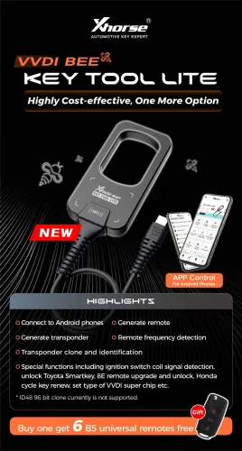 Xhorse VVDI Xhorse  Bee Key Tool Lite and Gift 6pcs XKB501EN Wired Remotes,without battery ,Connect to Android phones,ID48 96bit clone currently is not supported. Support Xhorse XK wire remote, XN wireless remote, XE super remote and smart remote generation.