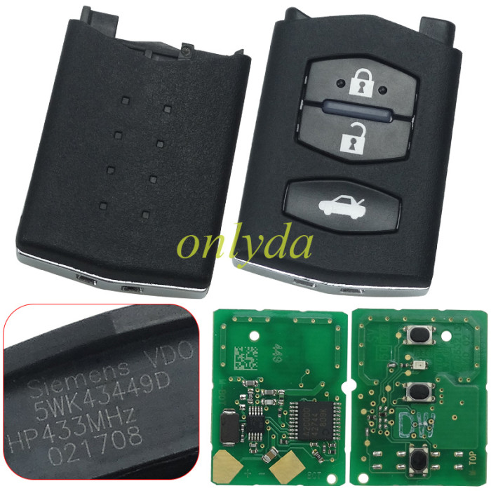 original Mazda 2 series,3 button remote key with 433mhz CCAE08LP066OTO CCAE08LP066AT2 RLVSI5W07-1085 IC:267T 5WK43449D 5WK43449E   CMII ID:2008DJ1984MR3128ANRT2006  FCCID:KR55WK43451 CETS/XXX/XXX/X