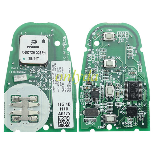 original Hyundai 3+1 button remote key 434mhz with  8A 128 BIT Toyota H chip  Model: Seks-HG11A0B Kcc-CRM-SCK-SEKS-HG11AOB   CMIIT ID:2011DJ4896 Hyundai Azera Grandeur 2012 + Genuine board Smart Key  95440-3V035