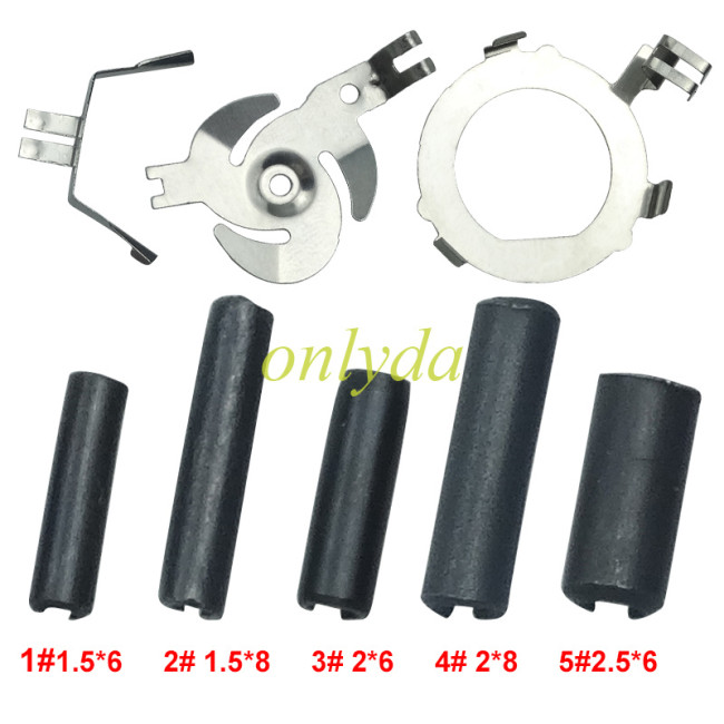 key remote pins  and battery clamp (key pin :5 types,total 500pcs, 100pcs each type. )     1#1.5mm*6mm ，2#1.52mm*8mm ，3#2mm*6mm ， 4#2mm*8mm ， 5#2.5mm*6mm                                   battery clamp:                                           1#5pcs，11#10pcs   12#10pcs