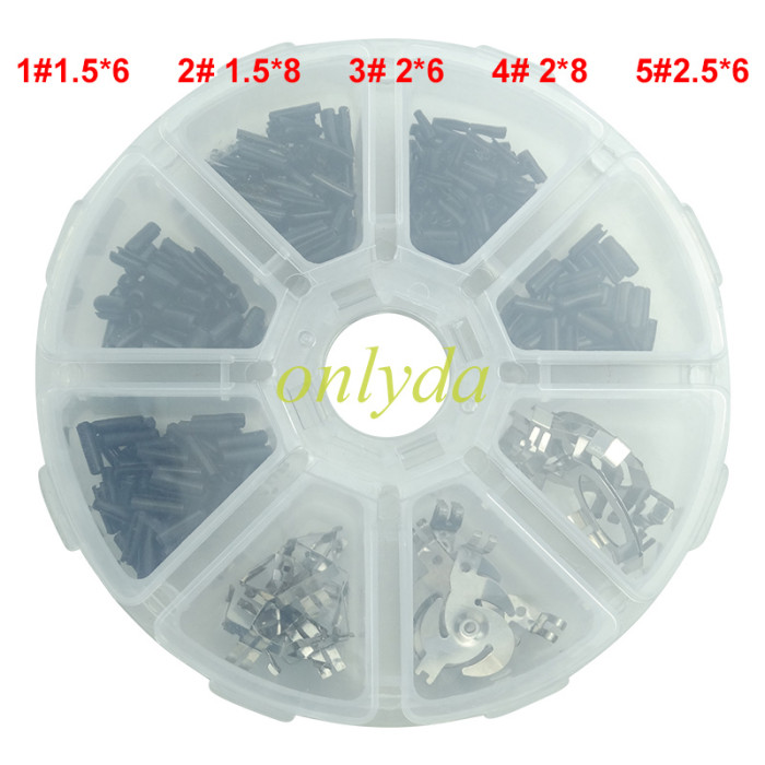 key remote pins  and battery clamp (key pin :5 types,total 500pcs, 100pcs each type. )     1#1.5mm*6mm ，2#1.52mm*8mm ，3#2mm*6mm ， 4#2mm*8mm ， 5#2.5mm*6mm                                   battery clamp:                                           1#5pcs，11#10pcs   12#10pcs
