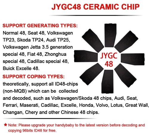 JYGC48 CERAMIC CHIP for  Normal 48,Seat 48,VolkswagenTP23, Skoda TP24,Audi TP25,Volkswagen Jetta 3.5 generation special 48, Fiat 48,Zhonghua SUPPORT COPING TYPES:theoretically, support all lD48-chips(non-MQB) which can be collected JY6C JYGC48 CERAMIC CHIP SUPPORT GENERATING TYPES: Normal 48,Seat 48,VolkswagenTP23, Skoda TP24,Audi TP25,Volkswagen Jetta 3.5 generationspecial 48, Fiat 48,Zhonghua JYGC special 48, Cadillac special 48, 48 Buick Excelle 48. SUPPORT COPING TYPES:theoretically, support all lD48