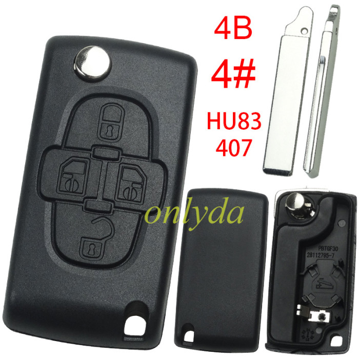 For Peugeot flip remote replacement key shell,blade HU83-with battery clamp without badge,pls choose the button
