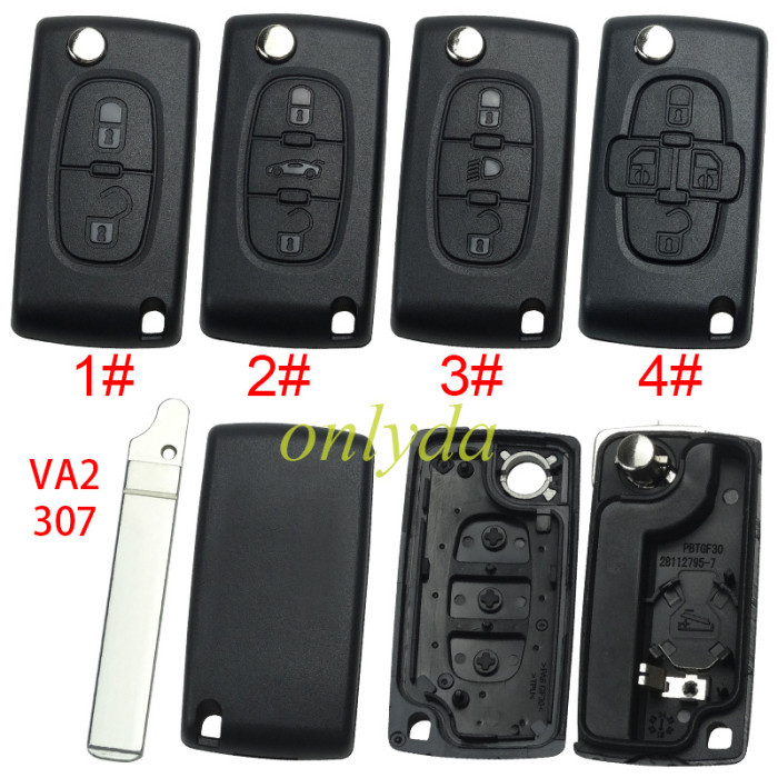 For Peugeot flip remote replacement key shell,blade VA2-with battery clamp without badge,pls choose the button