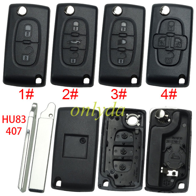 For Peugeot flip remote replacement key shell,blade HU83 with battery clamp with badge place,pls choose the button