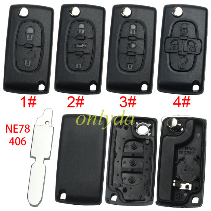 For Peugeot flip remote replacement key shell,blade NE78-with battery clamp without badge,pls choose the button