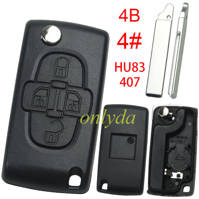 For Peugeot flip remote replacement key shell,blade HU83 with battery clamp with badge place,pls choose the button