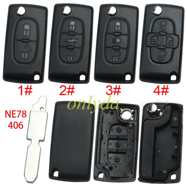 For Citroen flip remote replacement key shell,blade NE78-without battery clamp without badge,pls choose the button