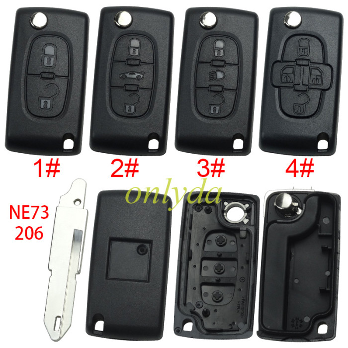 For Peugeot flip remote replacement key shell,blade NE73-without battery clamp with badge place,pls choose the button