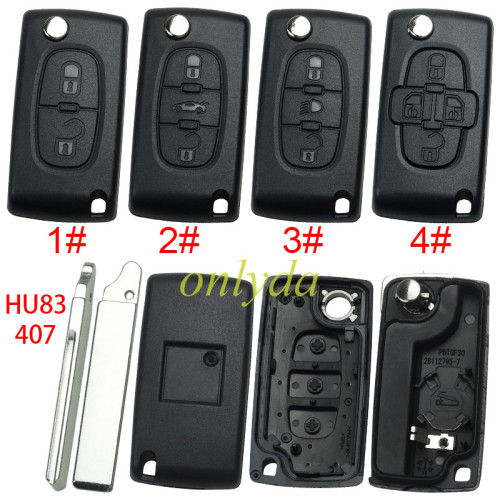 For Citroen flip remote replacement key shell,blade HU83 with battery clamp with badge place,pls choose the button