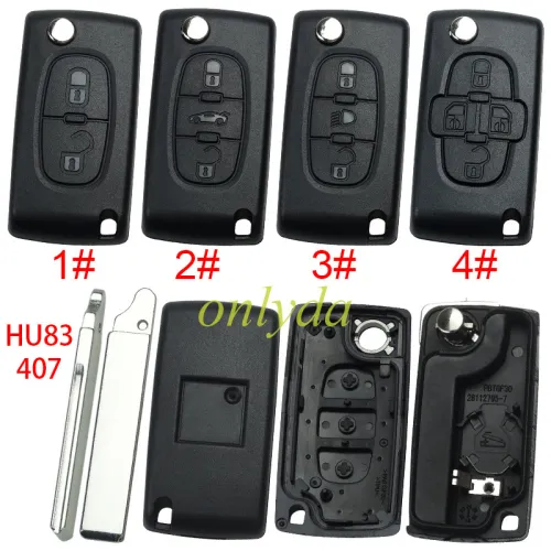 For Citroen flip remote replacement key shell,blade HU83 with battery clamp with badge place,pls choose the button
