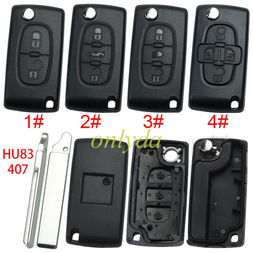 For Peugeot flip remote replacement key shell,blade HU83-without battery clamp with badge place,pls choose the button