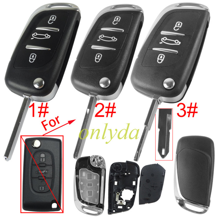 For Peugeot modified 3 button remote key shell with battery clamp without badge place, pls choose the blade type  1#-VA2 2#-HU83 3#-NE73