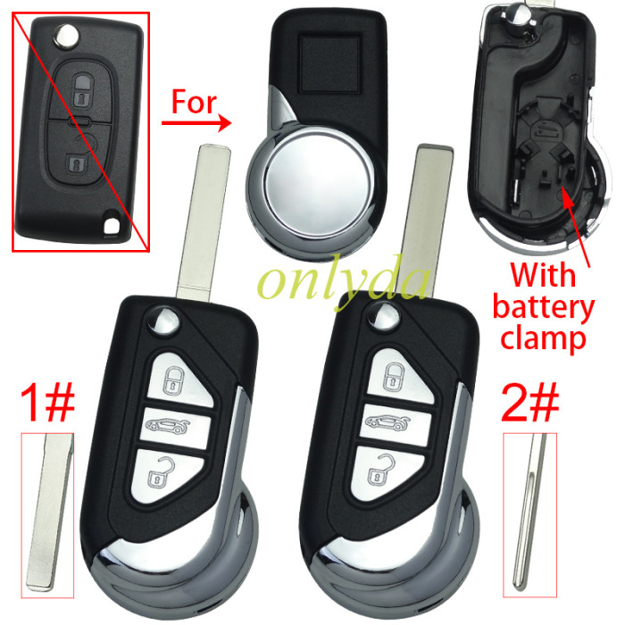For Peugeot modified 3 button remote key shell with battery clamp, pls choose the blade type HU83/VA2