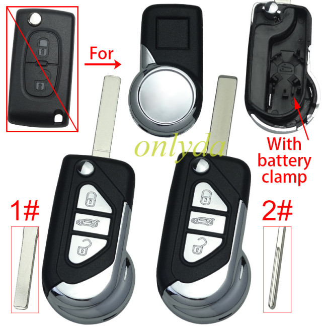 For Peugeot modified 3 button remote key shell with battery clamp, pls choose the blade type HU83/VA2