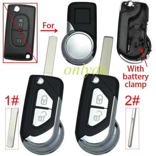 For Peugeot modified 2 button remote key shell with battery clamp, pls choose the blade type HU83/VA2