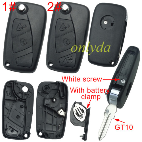 Super Stronger GTL shell  Fiat 2/3 button remote key blank with GT10 blade ,Side silver hook screw, with battery clamp with badge,  pls choose button