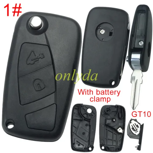 Super Stronger GTL shell  Fiat 2/3 button remote key blank with GT10 blade ,Side silver hook screw, with battery clamp with badge,  pls choose button