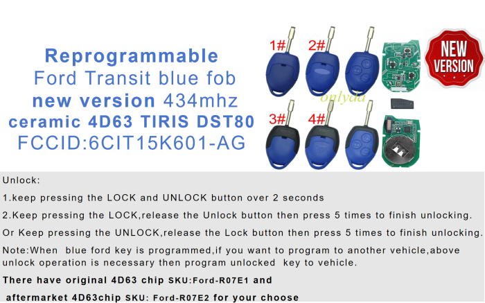 For Ford Transit blue remote key new version with 434mhz with aftermarket ceramic TEXAS 4D63 TIRIS DST80  chip FCCID:6CIT15K601 AG  Remote reprogrammable