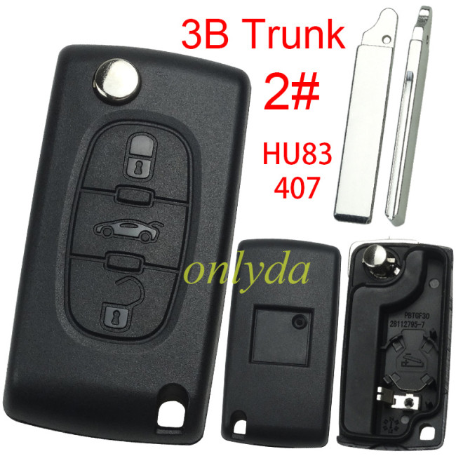 free shipping 10pcs/lot for Peugeot flip remote replacement key shell,blade HU83-with battery clamp with badge place