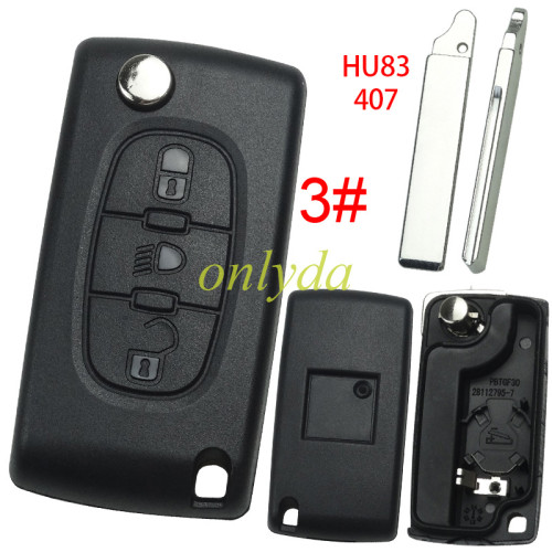 free shipping 10pcs/lot for Peugeot flip remote replacement key shell,blade HU83 with battery clamp with badge place