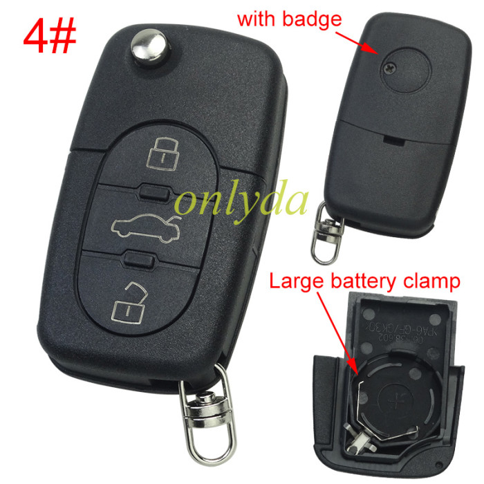 For VW  remote key blank with Large battery Clamp with badge,  (the key head connect face is round)， pls choose button model