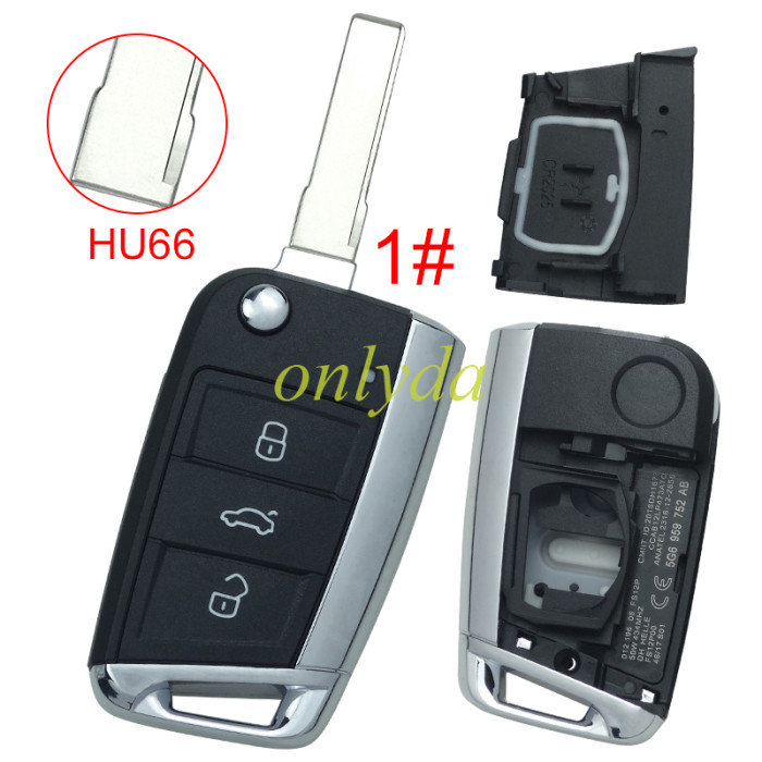 For  VW Gof7 3 button remote key shell with blade 1#HU66  2#HU162T ,Pls choose blade model