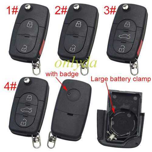 For VW  remote key blank with Large battery Clamp with badge,  (the key head connect face is round)， pls choose button model