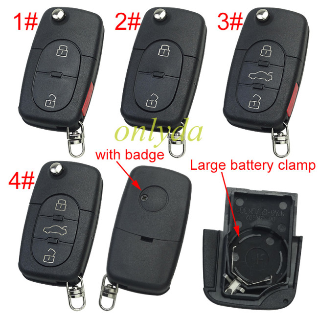 For VW  remote key blank with Large battery Clamp with badge,  (the key head connect face is round)， pls choose button model