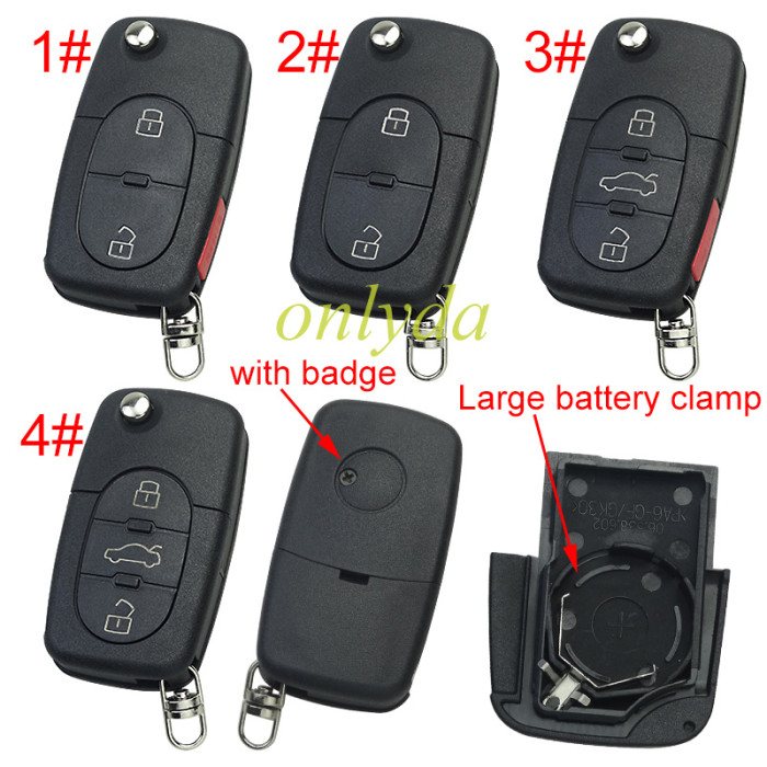 For VW  remote key blank with Large battery Clamp with badge,  (the key head connect face is round)， pls choose button model