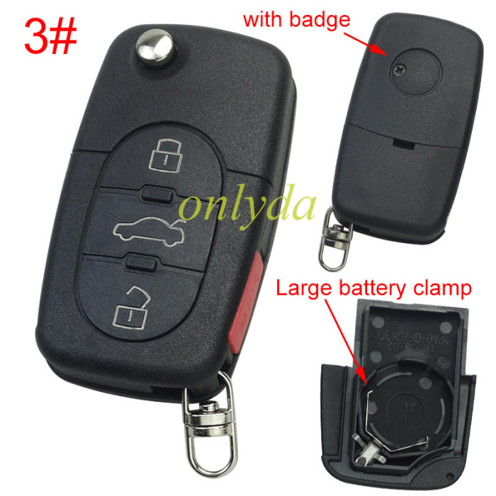For VW  remote key blank with Large battery Clamp with badge,  (the key head connect face is round)， pls choose button model