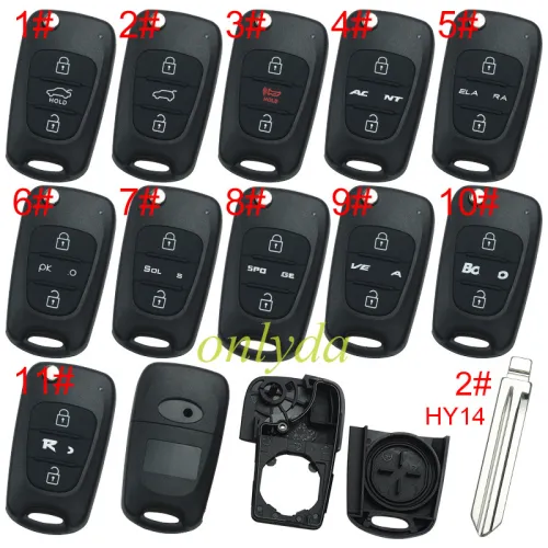 For Hyundai 3 button remote key blank  with badge with HY14 left  blade , pls choose button