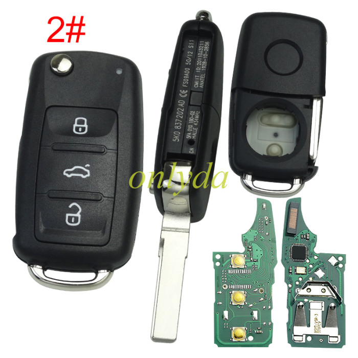KYDZ VW MQB 3 button flip remote key with AES48 chip-315mhz /434mhz ASK model   handheld 5K0837202BH 5K0837202DH  For VW  Transporter Beetle Jetta Sharan Scirocco Polo
