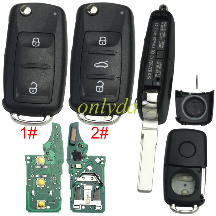 KYDZ VW MQB 3 button flip remote key with AES48 chip-315mhz /434mhz ASK model   handheld 5K0837202BH 5K0837202DH  For VW  Transporter Beetle Jetta Sharan Scirocco Polo