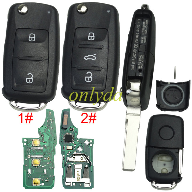 KYDZ VW MQB 3 button flip remote key with AES48 chip-315mhz /434mhz ASK model handheld 5K0837202BH 5K0837202DH For VW Transporter Beetle Jetta Sharan Scirocco Polo
