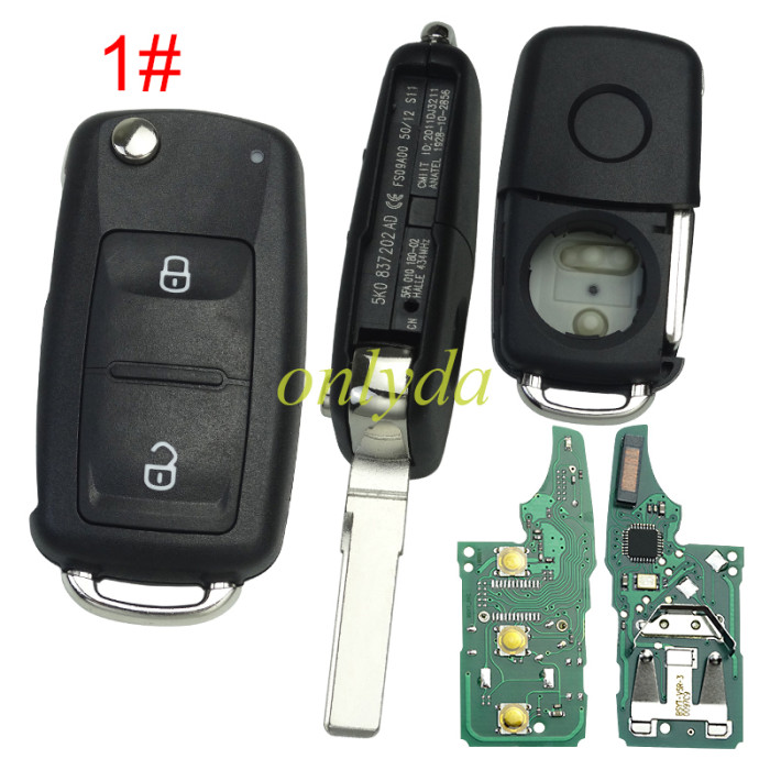KYDZ VW MQB 3 button flip remote key with AES48 chip-315mhz /434mhz ASK model   handheld 5K0837202BH 5K0837202DH  For VW  Transporter Beetle Jetta Sharan Scirocco Polo