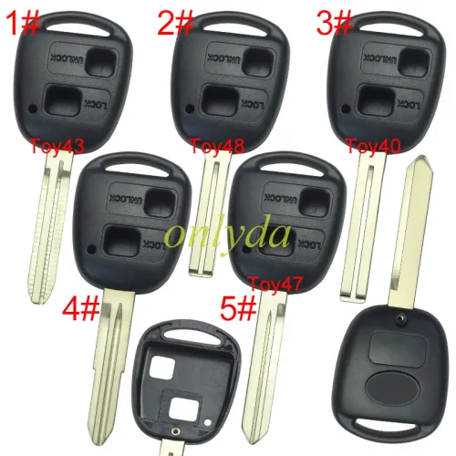 For Toyota 2 Button Remote key blank with printed  TOYOTA  badge ,  1#Toy43, 2#Toy48.3#Toy40,4#Toy41, 5#Toy47, pls choose blade model