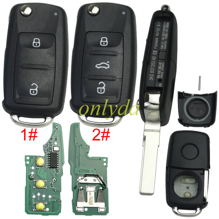 KYDZ For VW 3 button / 2 button remote key  with ID48 chip 434mhz Model Number is 5K0-837-202AD