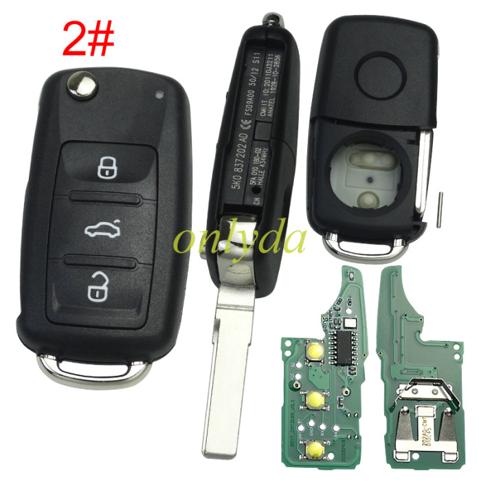 KYDZ For VW 3 button / 2 button remote key  with ID48 chip 434mhz Model Number is 5K0-837-202AD