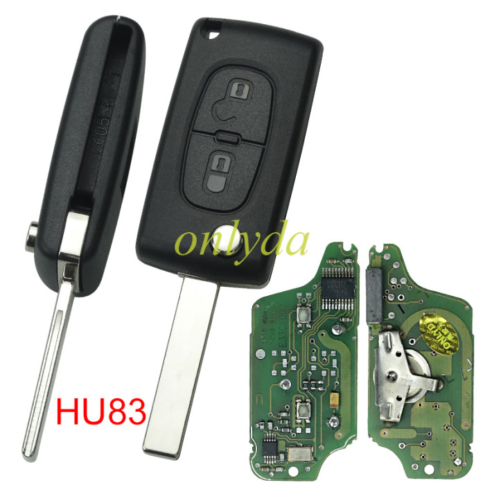 OEM for  Peugeot 2 Button Flip  Remote Key with 433mhz  (battery on PCB) with ASK model  with 46 chip CE0523 PCF7941 E33C1002 with VA2 and HU83 blade , please choose the key shell