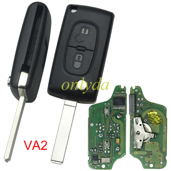 OEM for  Peugeot 2 Button Flip  Remote Key with 433mhz  (battery on PCB) with ASK model  with 46 chip CE0523 PCF7941 E33C1002 with VA2 and HU83 blade , please choose the key shell