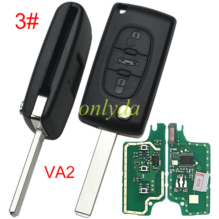 KYDZ brand Peugeot CE0536 3 Button Flip  Remote Key with 46 chip  ASK model  with VA2 and HU83 blade, trunk and light button , please choose the key shell