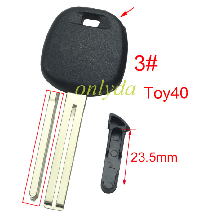 For Toyota transponder key blank  , without badge with TPX chip and  carbon chip part ,The latch is below, 1# Toy43 ,2#Toy48,3#Toy40 ,pls choose blade model