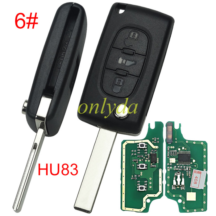 KYDZ brand Peugeot CE0536 3 Button Flip  Remote Key with 46 chip  ASK model  with VA2 and HU83 blade, trunk and light button , please choose the key shell
