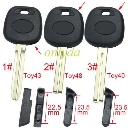 For Toyota transponder key blank  , with badge with TPX chip and  carbon chip part ,The latch is below, 1# Toy43 ,2#Toy48,3#Toy40 ,pls choose blade model