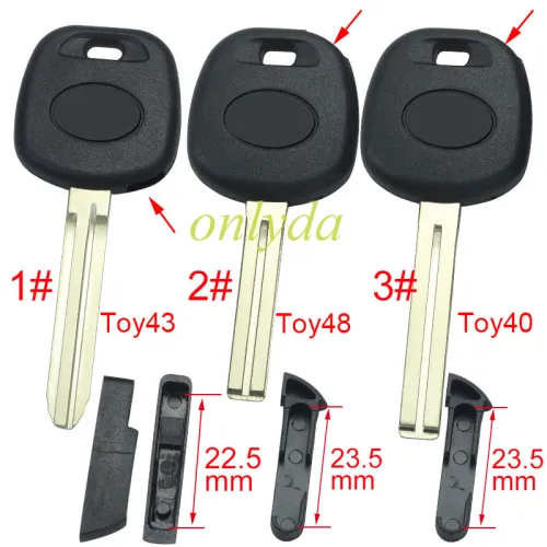 For Toyota transponder key blank  , with badge with TPX chip and  carbon chip part ,The latch is below, 1# Toy43 ,2#Toy48,3#Toy40 ,pls choose blade model