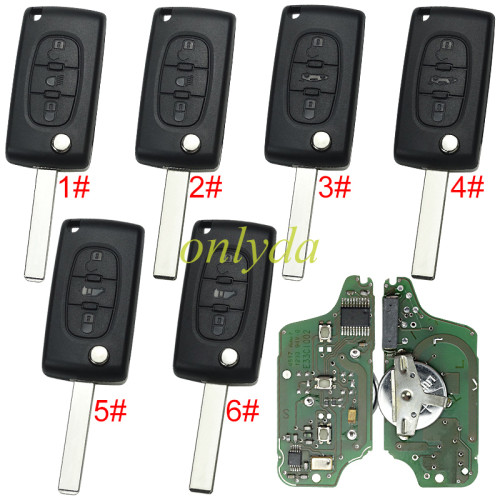 OEM remote key CE0523 for Peugeot 3 Button Flip  Remote Key with 433mhz  (battery on PCB) with FSK model  with 46 chip