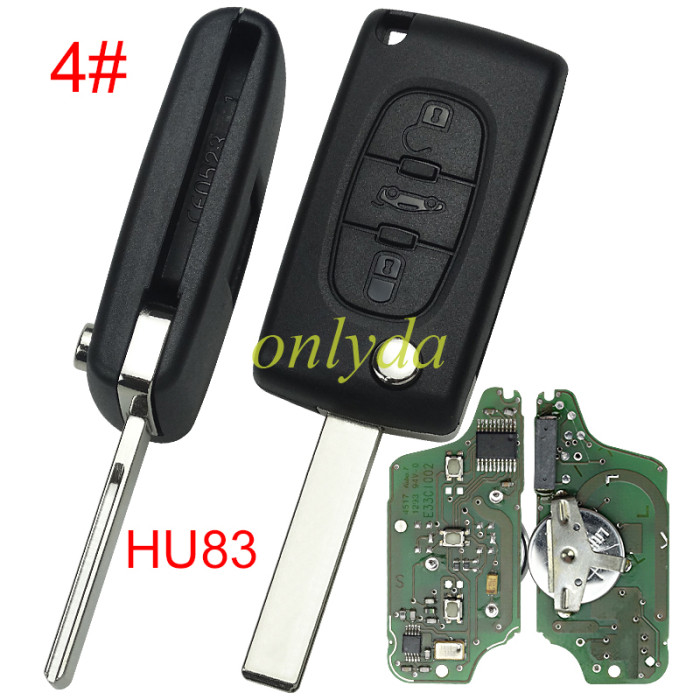 OEM remote key CE0523 for Peugeot 3 Button Flip  Remote Key with 433mhz  (battery on PCB) with FSK model  with 46 chip